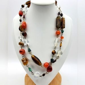 Stone & Glass Beaded Necklace Chain Link Artisan Vintage 33" L Malachite Quartz